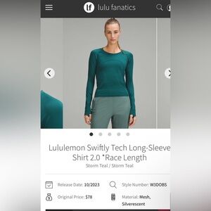 Lululemon Swiftly Tech Long Sleeve 2.0 Race Length in Storm Teal Women's Size 10